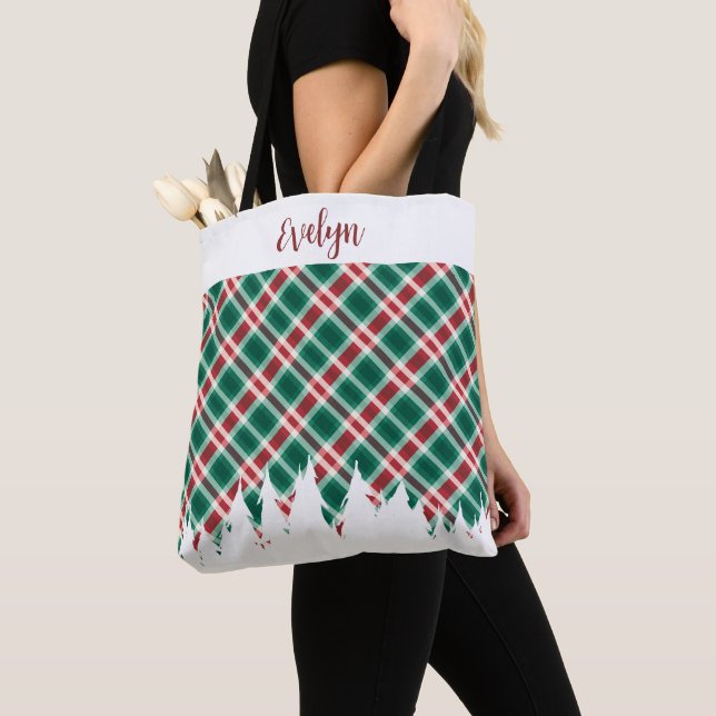 Bolsa Tote Xadrez Vermelha e Verde Tradicional com nome Natal (Close Up)