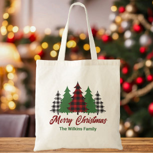 Bolsa Tote Xadrez Vermelha Rústica Árvores de Natal Feliz Per