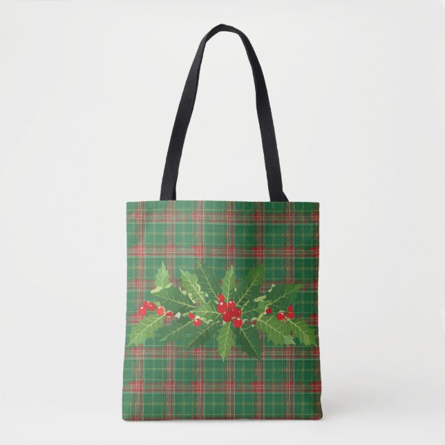 Bolsa Tote Xadrez Vermelha Verde Natal com Fio (Frente)