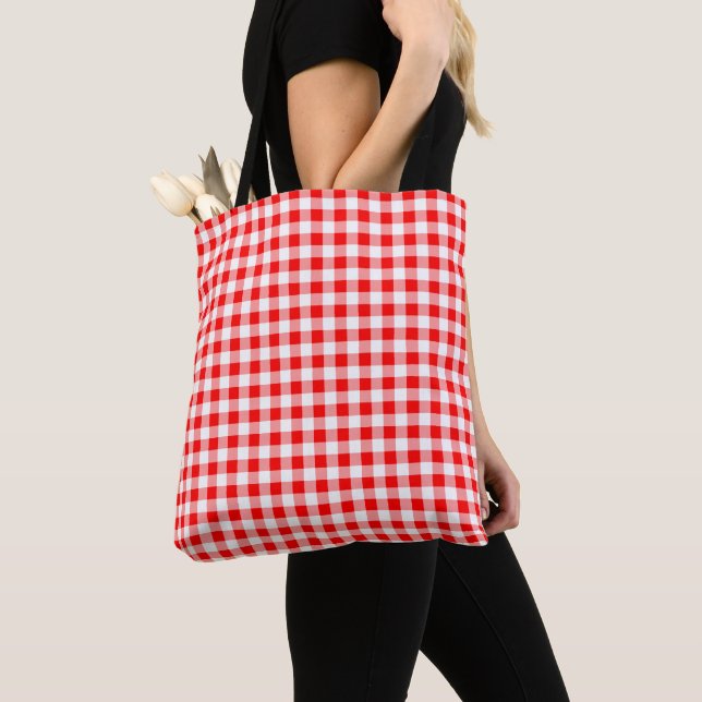 Bolsa Tote Xadrez Vermelho e Branco Médio (Close Up)