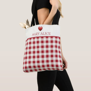 Bolsa Tote Xadrez Vermelho e Creme Antigo Com Coração