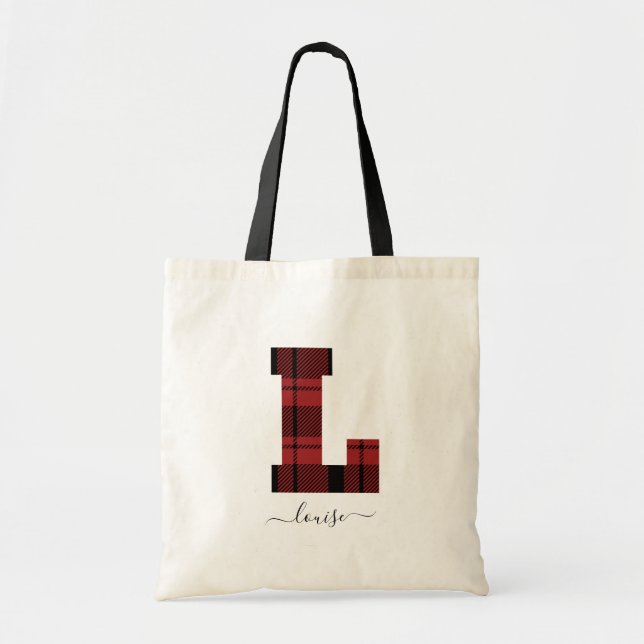 Bolsa Tote Xadrez, vermelho e preto, Monograma - Letra "L" (Frente)