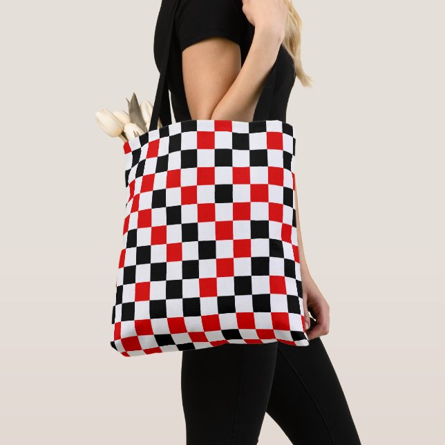 Bolsa Tote Xadrez Vermelho Preto e Branco  (Close Up)