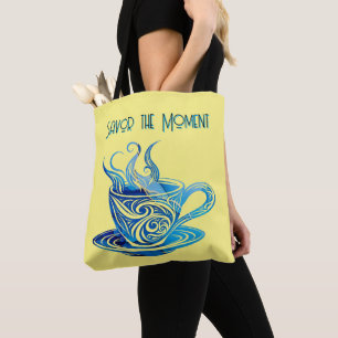Bolsa Tote Xícara de café azul artístico com Padrões giratóri