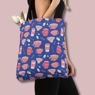 Bolsa Tote Xícara de chá vintage padrão em azul e pêssego