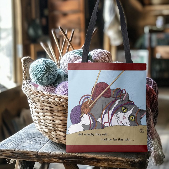 Bolsa Tote Yarn Knitting Engraçado Cat (Criador carregado)