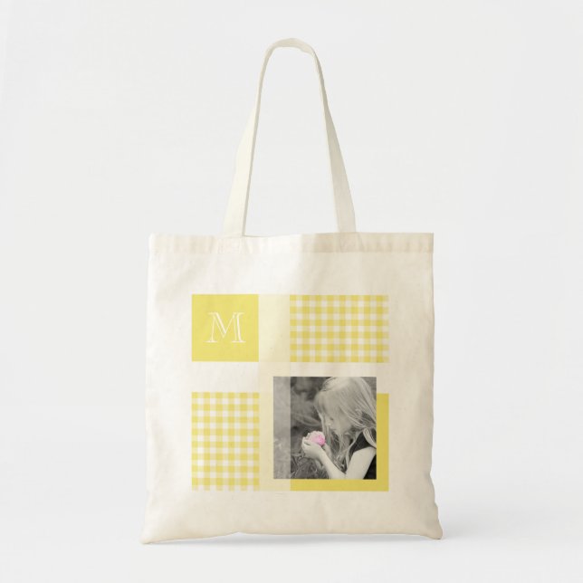 Bolsa Tote Yellow Add Your Photo Gingham Modern Monograma (Frente)