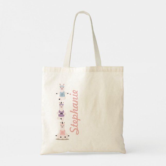 Bolsa Tote Yoga Llamas Meditando Diversão e Nome Personalizad (Verso)
