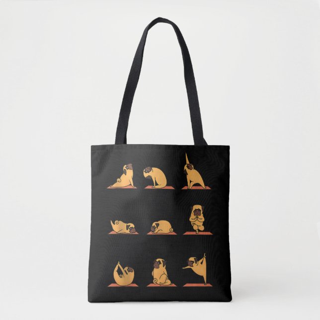 Bolsa Tote Yoga Puppy Yoga Pug Poses e Meditação Engraçada (Frente)