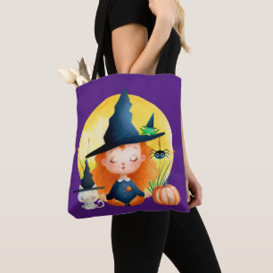Bolsa Tote Yoga Witch e Cat Watercolor Halloween Roxo
