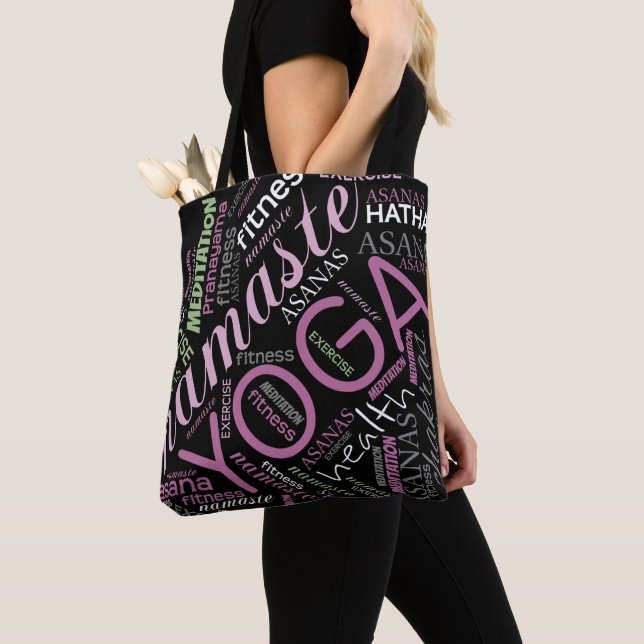 Bolsa Tote Yoga Word Cloud Plum/Green ID254 (Close Up)