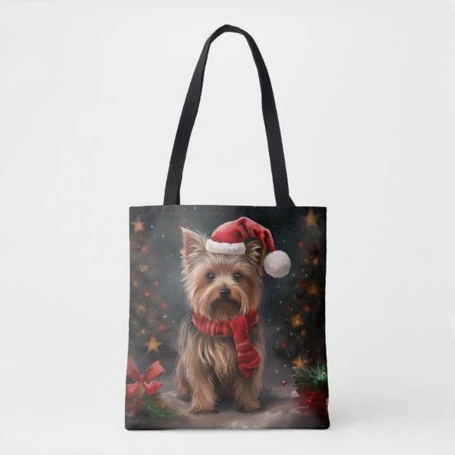 Bolsa Tote Yorkshire Terrier Dog no Natal da neve (Frente)