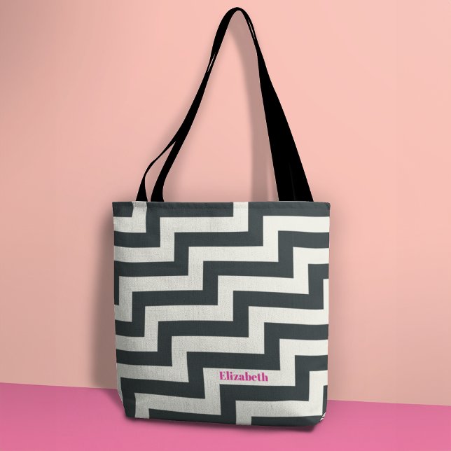 Bolsa Tote Zag preto branco-cor-de-rosa personalizado (Criador carregado)