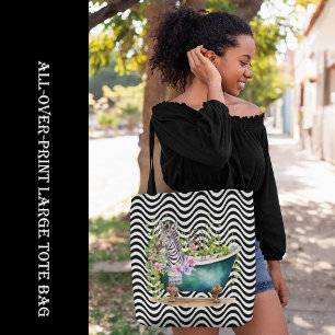 Bolsa Tote Zebra em Tub Black White Wavy Stripes Psicedélica
