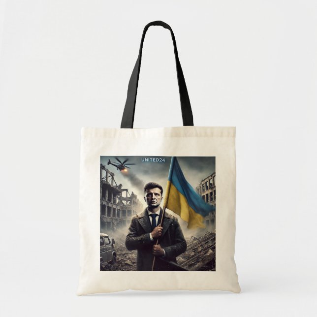 Bolsa Tote Zelenskyy, United24, segura bandeira da Ucrânia (Frente)