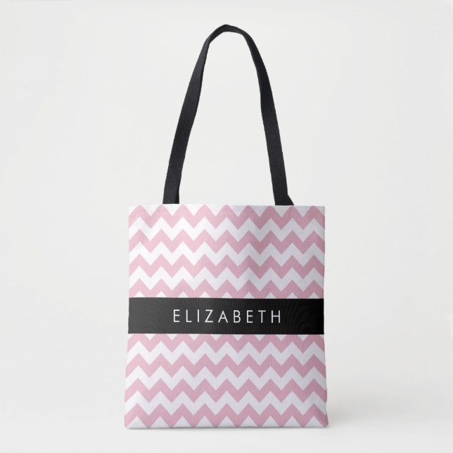 Bolsa Tote Zigzag Rosa, Chevron Rosa, Padrão Onda, Seu Nome (Frente)