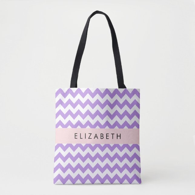 Bolsa Tote Zigzag Roxo, Chevron Roxo, Seu Nome (Frente)