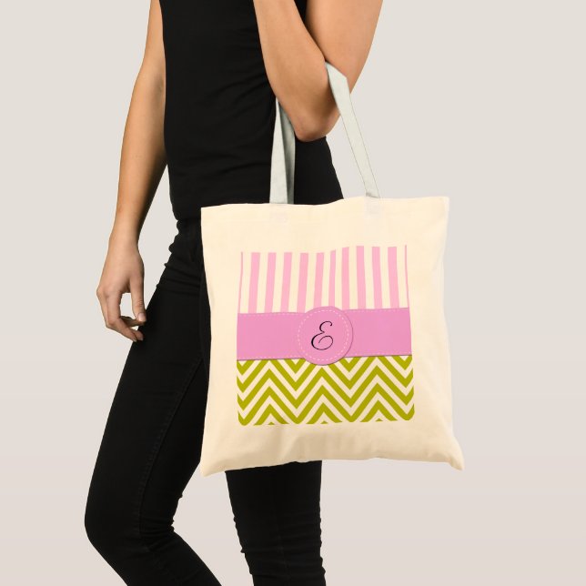 Bolsa Tote Zigzag Verde, Chevron, Stripes Rosa, Monograma (Frente (produto))