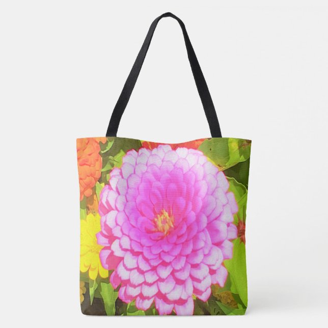 Bolsa Tote Zinnia rosa redonda bonito no Jardim de Verão (Verso)