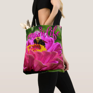 Bolsa Tote Zinônia rosa com mamangabas, flores cor-de-rosa, a