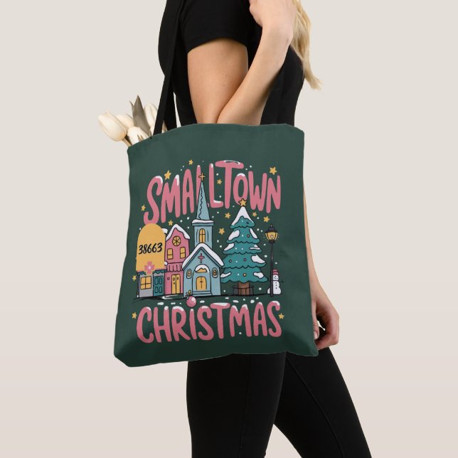 Bolsa Tote Zipcode Personalizado Cidade Pequena Natal Rosa  (Close Up)