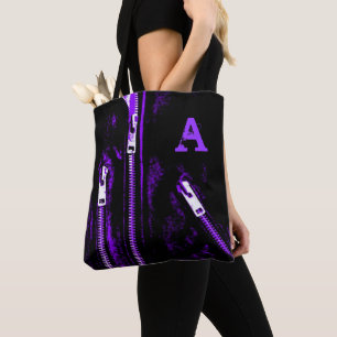 Bolsa Tote Zips Monograma de impressão roxo em todo o saco