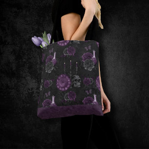 Bolsa Tote Zodiac Magic Rosas de crânio de ameixa roxa escu