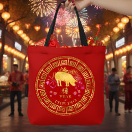 Bolsa Tote Zodiac Pig Red/Dourado ID542 chinês