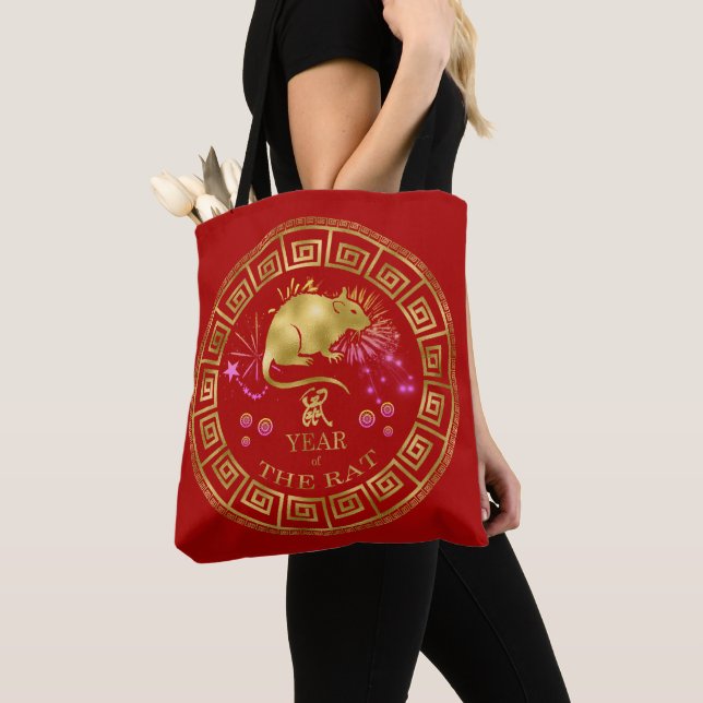 Bolsa Tote Zodiac Rat Red/Dourado ID542 chinês (Close Up)