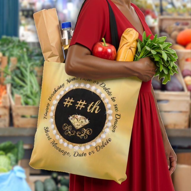 Bolsas de Aniversário Feliz. Bolsas de Ombro para  (40th birthday tote bags. Happy birthday tote. 50th Birthday tote bag. Gold tote, 60th birthday tote.)
