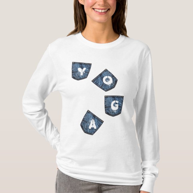 Bolsas de Mock Denim - Camisas de Yoga com Hoodie (Frente)