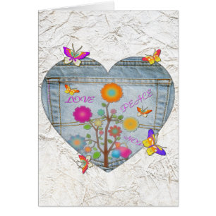 Bolsinho de Jeans Coração Flores Borboletas Cartão