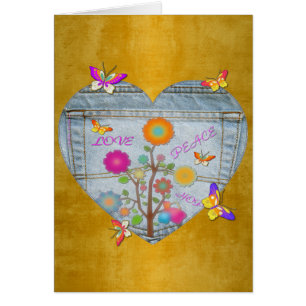 Bolsinho de Jeans Coração Flores Borboletas Cartão