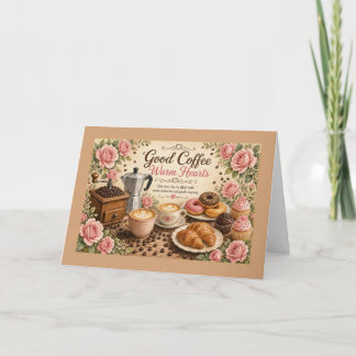 Bom Café Corações Quentes Cartão de Rosas Vintage