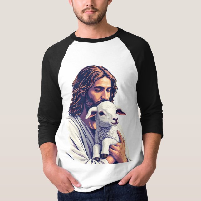 Bom Pastor: Jesus com Lamb Raglan T-Shirt (Frente)
