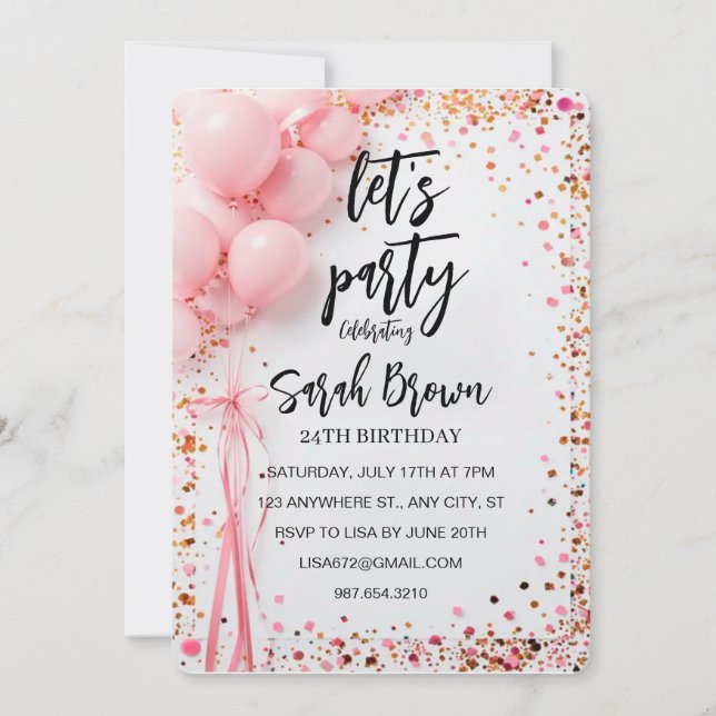 Bomba de Convite de aniversário Dourada Rosa digit (Frente)