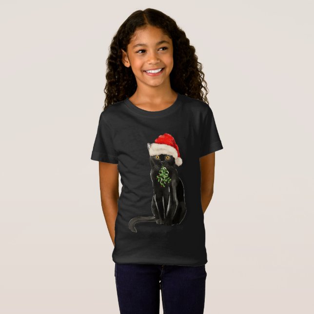 Bomba Gato Negra Criou Camisa de Natal Santa Hat (Frente Completa)