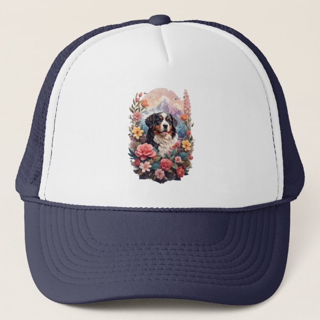 Boné 3D Fantasia Floral Bernese Mountain Dog Birds Ver (Frente)