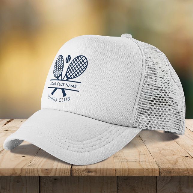 Boné Adicionar o nome do clube Ícones Tênis Marinho Azu (Lawn Tennis Rackets Motif Custom White Navy Blue Players Trucker Hat)
