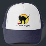 Boné Adoro Gatos e Gato Negro, coração vermelho/silhuet<br><div class="desc">Baseball/Trucker caps: "I Love Cats" e a silhueta negra de gatos. Texto fácil de personalizar.</div>