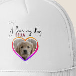 Boné Adoro o meu nome de Pet Foto Coração do Cão<br><div class="desc">Eu adoro o meu chapéu de caminhoneiro com o nome de Pet do Coração do Cão. Uma foto em forma de coração. e um texto em um roteiro de tendências. Adicione sua foto e seu nome.</div>