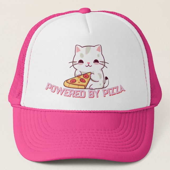 Boné Alimentado por pizza com um gato bonito (Frente)