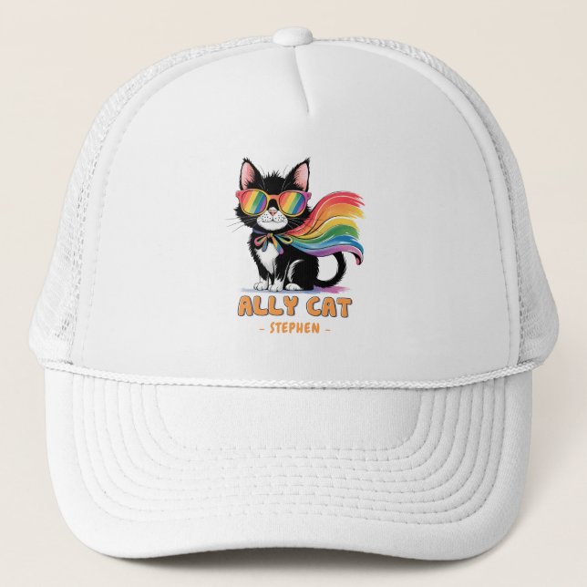 Boné Ally Cat - Orgulho LGBTQ do Gato Arco-Íris (Frente)