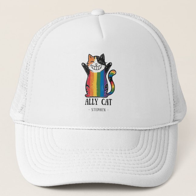Boné Ally Cat - Orgulho LGBTQ do Gato Arco-Íris (2) (Frente)