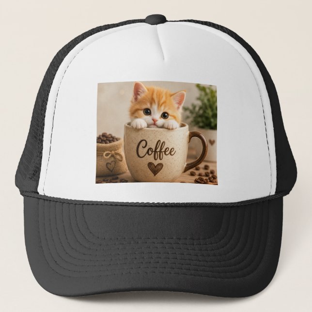 Boné Amuleto de Gatinho na Xícara de Café (Frente)