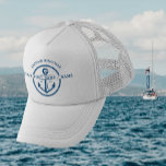 Boné Anchor de nome do capitão do navio Marinho azul<br><div class="desc">Marinho Náutico,  Barco Branco-Padrão Azul,  Capitão Nome Anchor e Design de Corda. Linda borda circular náutica azul marinho,  ancoragem e texto personalizado. Personalize com seu nome,  nome do barco ou texto. Design único e original por Ouro Bloom Home.</div>
