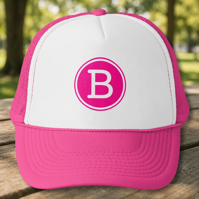 Boné Anel Branco com Círculo Rosa Vibrante Monograma (White Ring Hot Pink Circle Monogram Trucker Hat)