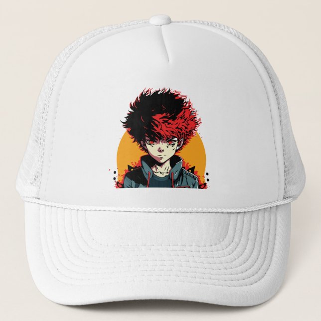Boné Anime Boy: Ilustração de Cabelo Vermelho e Negro (Frente)