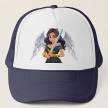 Anjo feminino fofo com asas abertas e espada