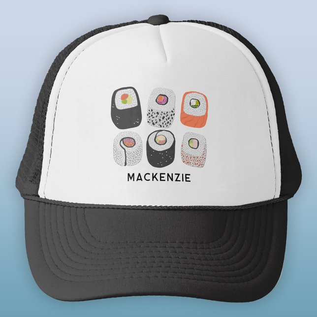 Boné Arte de Comida Japonesa Diversão Sushi Personaliza (Sushi Nigiri Maki roll Japanese food art personalized custom name trucker hat)
